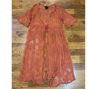 Liv Los Angeles Sheer Lace Duster Women’s 1X Rust Floral Tie Front Boho Western